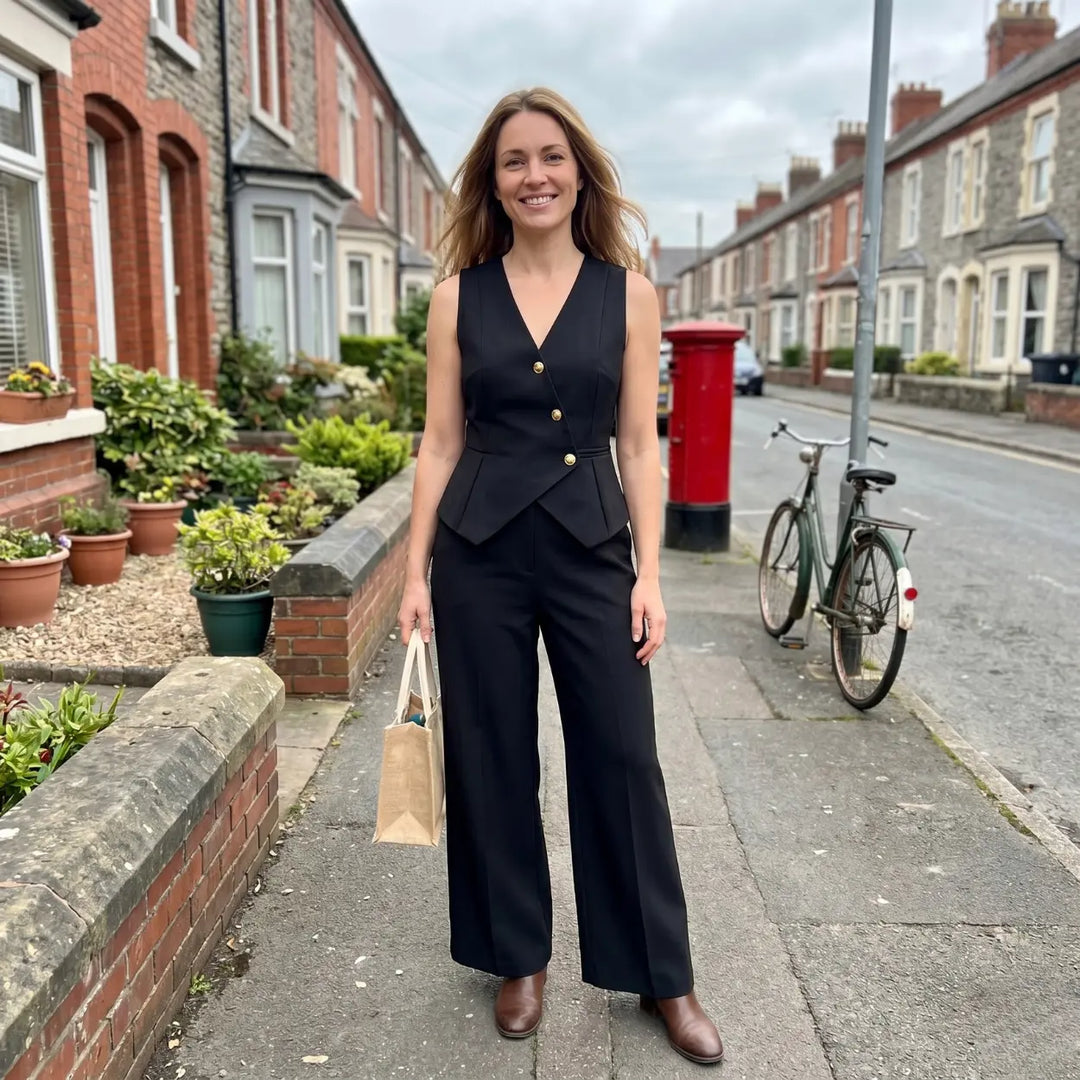Woman in a black outfit standing on a residential street with houses and a bicycle in the background.