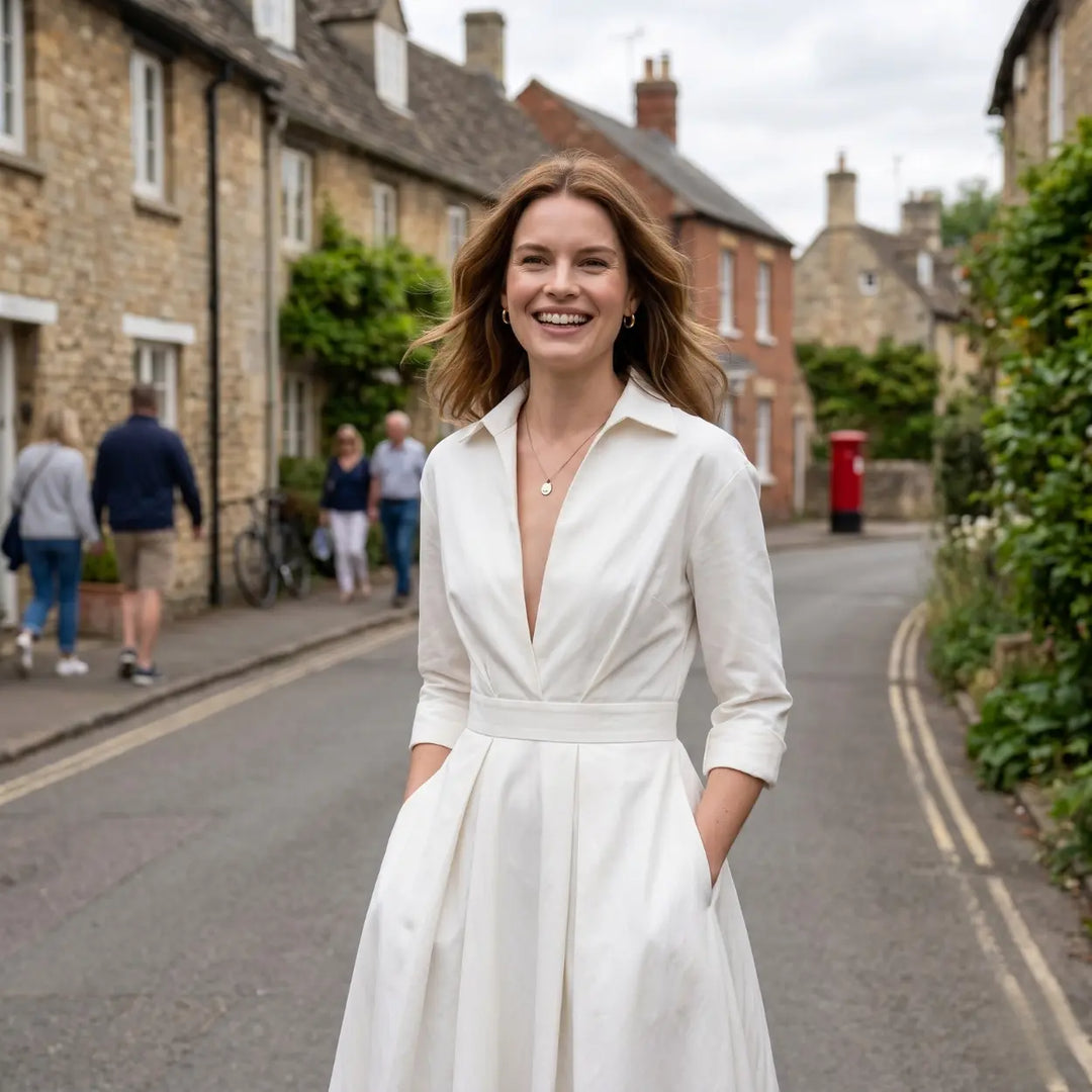 Woman in a white dress standing on a street with houses and people in the background