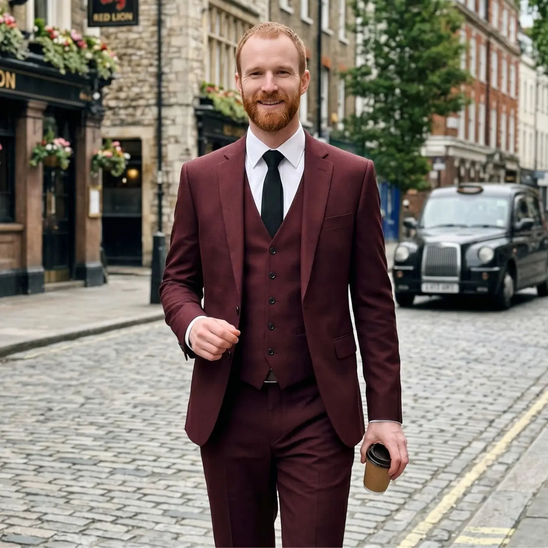 Man in a burgundy suit walking on a city street holding a coffee cup.